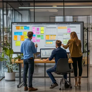 The marketing team meeting around a whiteboard
